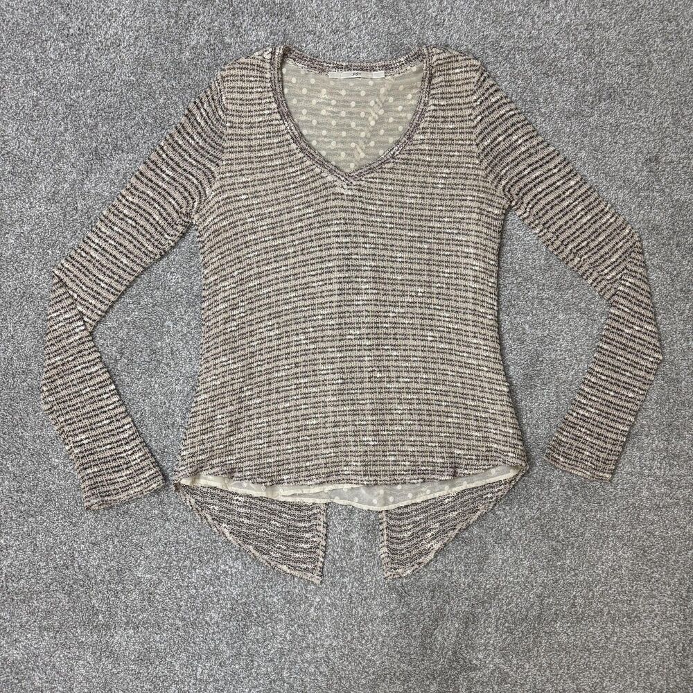 Gibson Sweater Womens Large Beige Striped V Neck Open Knit Sheer Romantic Boho